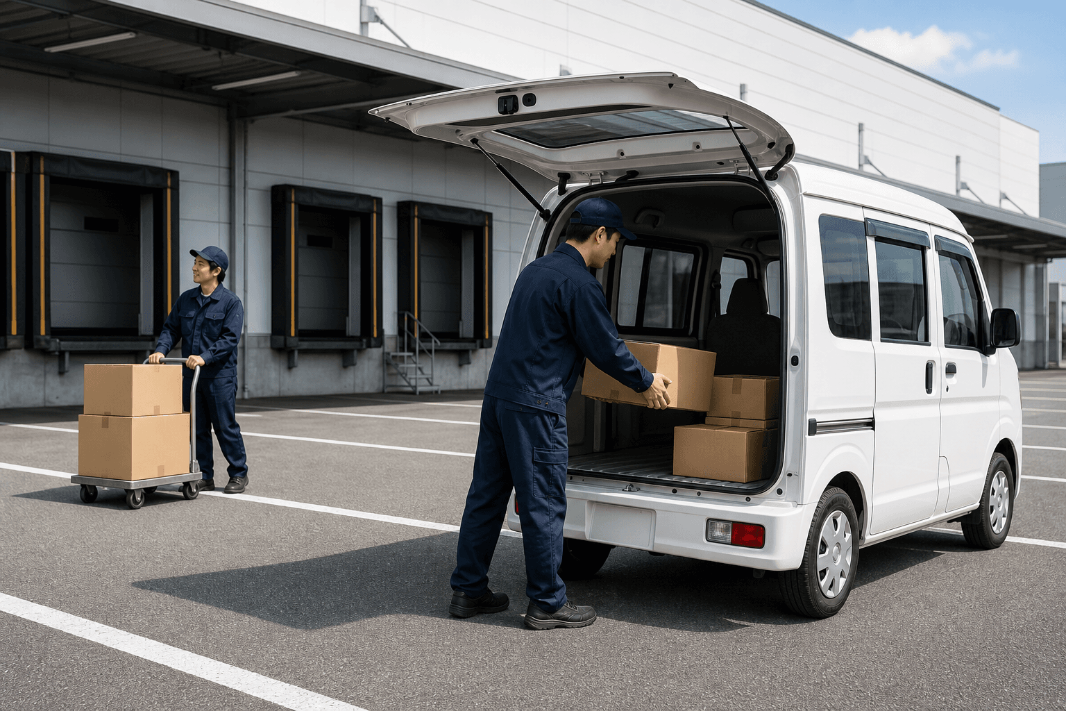 軽バンへ荷物を積む配送スタッフ